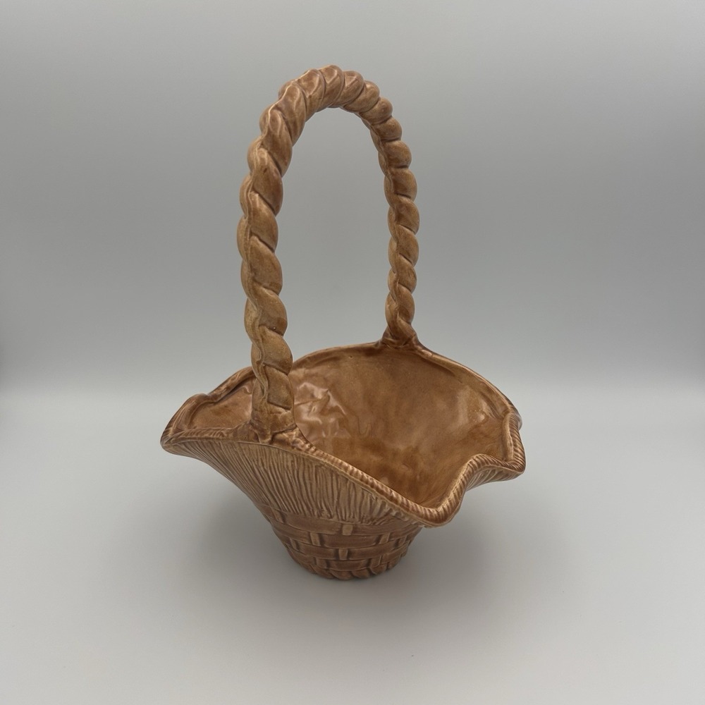 Vintage Handmade Ceramic Basket With Handle Euro-O Con Mold Brown
